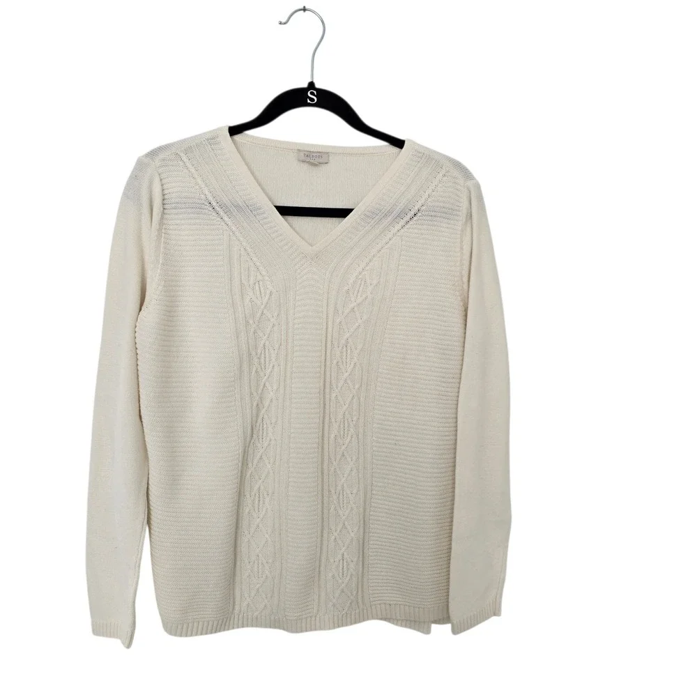 Talbots V-Neck Sweater Womens Medium White Cream 100% Cotton‎ Cable Knit
